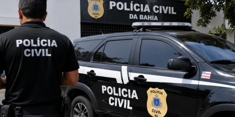 Viatura e agente da Polícia Civil da Bahia em frente à unidade policial.