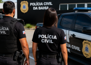 Policiais civis da Bahia em frente a viatura representam concurso PC BA para investigador.