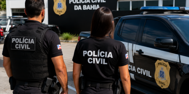 Policiais civis da Bahia em frente a viatura representam concurso PC BA para investigador.