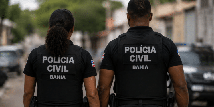 Policiais civis da Bahia caminham em área urbana durante atividade operacional, representando o concurso PC-BA 2026.