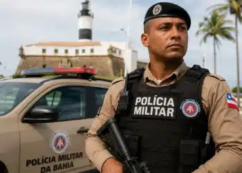Policial Militar da Bahia em frente a uma viatura durante patrulhamento, representando a expectativa pelo novo concurso PM-BA com 2.700 vagas.