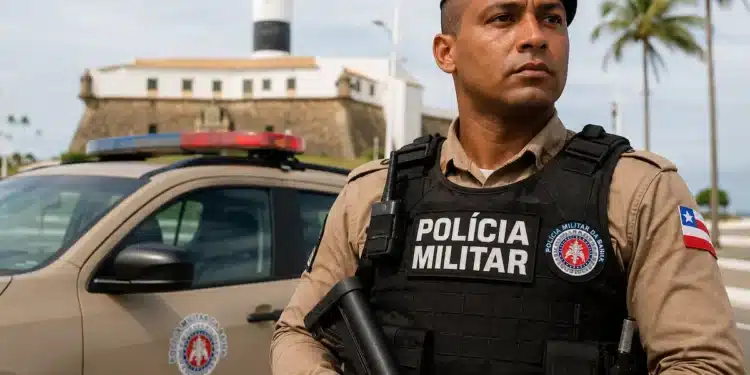 Policial Militar da Bahia em frente a uma viatura durante patrulhamento, representando a expectativa pelo novo concurso PM-BA com 2.700 vagas.
