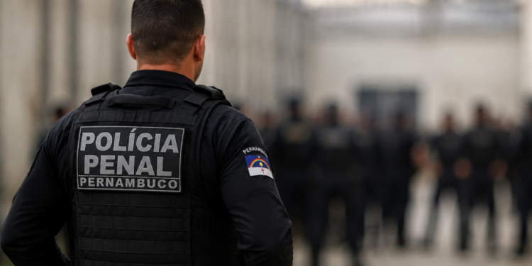 Policial penal de Pernambuco fardado em ambiente institucional representando novo concurso público.