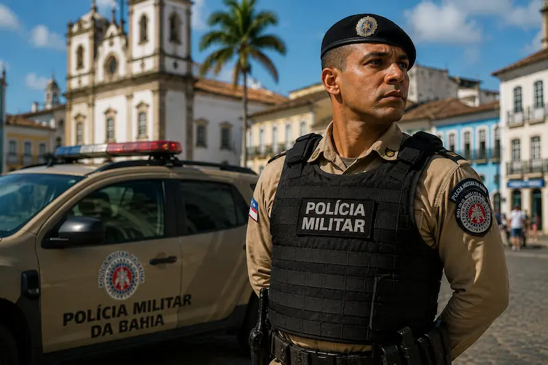 Edital do novo concurso da PM-BA deve ser publicado até o fim de 2026 Policial Militar da Bahia em frente a uma viatura, representando a previsão de publicação do novo edital da PM-BA até o fim de 2026.