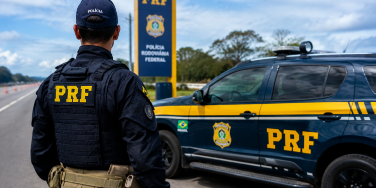 Policial Rodoviário Federal ao lado de viatura da PRF durante operação em rodovia.