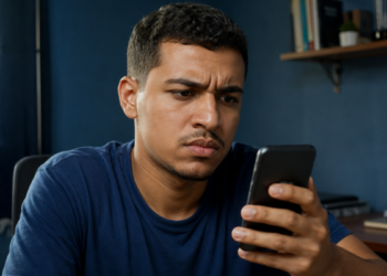 Jovem observa o celular com expressão de desconfiança, em referência a golpes envolvendo o concurso da Transpetro 2026.