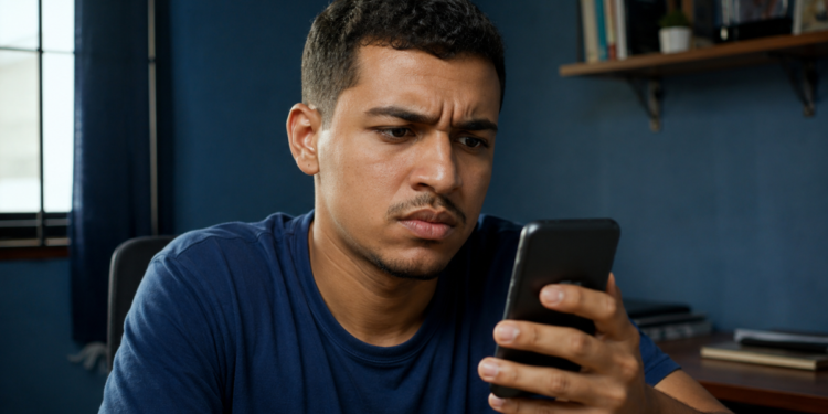 Jovem observa o celular com expressão de desconfiança, em referência a golpes envolvendo o concurso da Transpetro 2026.