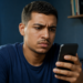 Jovem observa o celular com expressão de desconfiança, em referência a golpes envolvendo o concurso da Transpetro 2026.