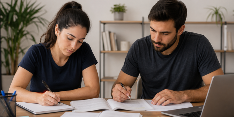 Duas pessoas estudam com livros, cadernos e notebook para concursos públicos com mais de 2.100 vagas em SP, MG e RS.