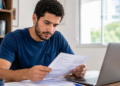 Homem analisa documentos ao lado de notebook, representando candidatos interessados em concursos públicos com inscrições abertas.