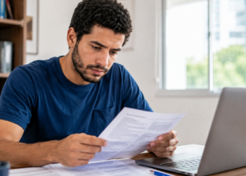 Homem analisa documentos ao lado de notebook, representando candidatos interessados em concursos públicos com inscrições abertas.