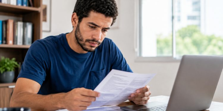 Homem analisa documentos ao lado de notebook, representando candidatos interessados em concursos públicos com inscrições abertas.