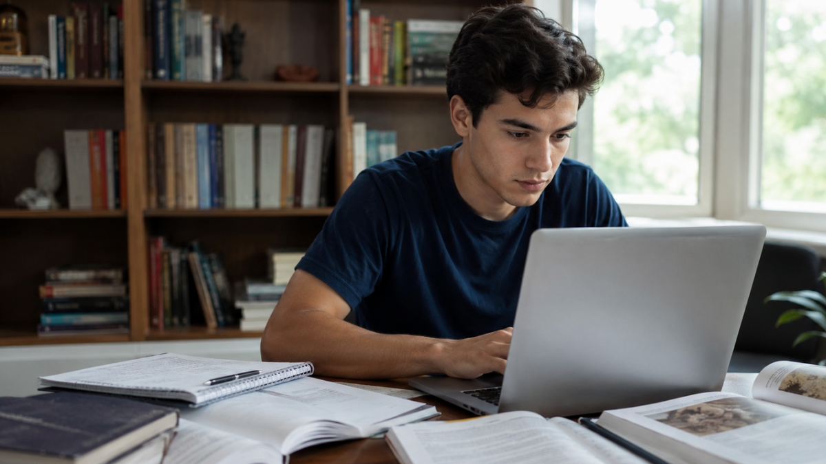 Candidato estudando com notebook e livros para concursos de prefeituras em São Paulo e Rio de Janeiro.