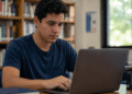 Candidato utiliza notebook em uma biblioteca para consultar oportunidades de concursos públicos com inscrições abertas.