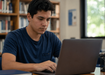 Candidato utiliza notebook em uma biblioteca para consultar oportunidades de concursos públicos com inscrições abertas.