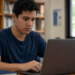 Candidato utiliza notebook em uma biblioteca para consultar oportunidades de concursos públicos com inscrições abertas.