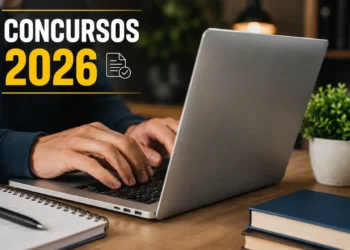 Pessoa utilizando notebook para consultar concursos públicos com mais de 120 vagas e salários de até R$ 21,5 mil.