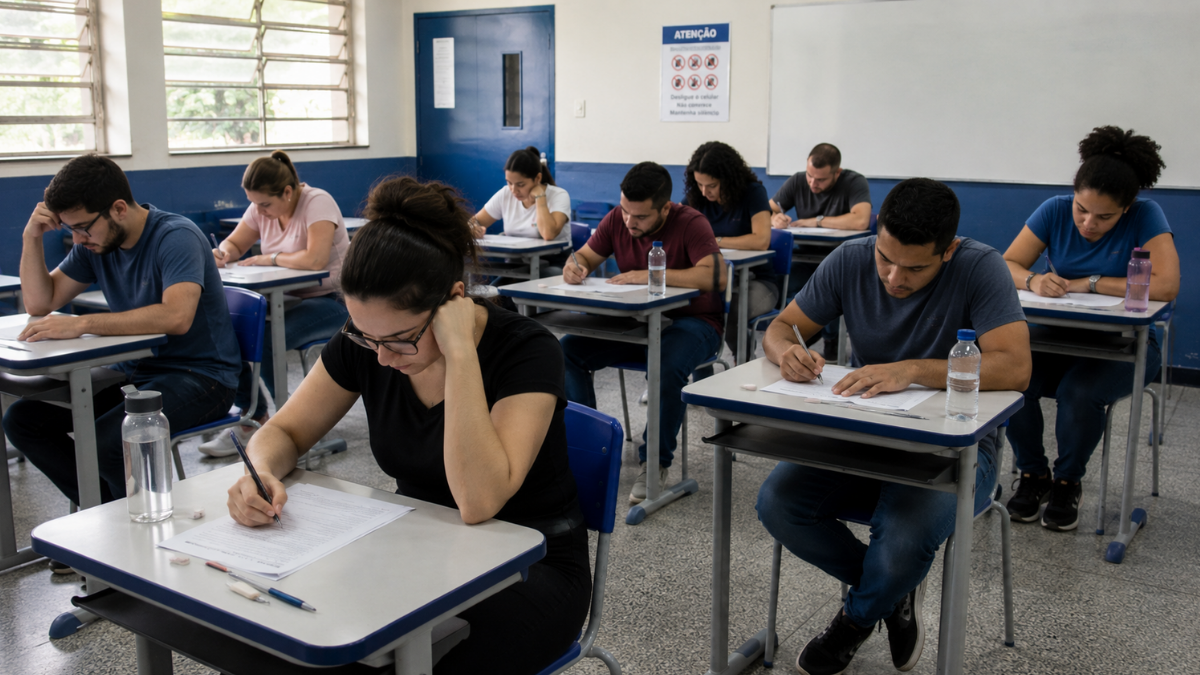 Candidatos realizam prova de concurso público em sala de aula.