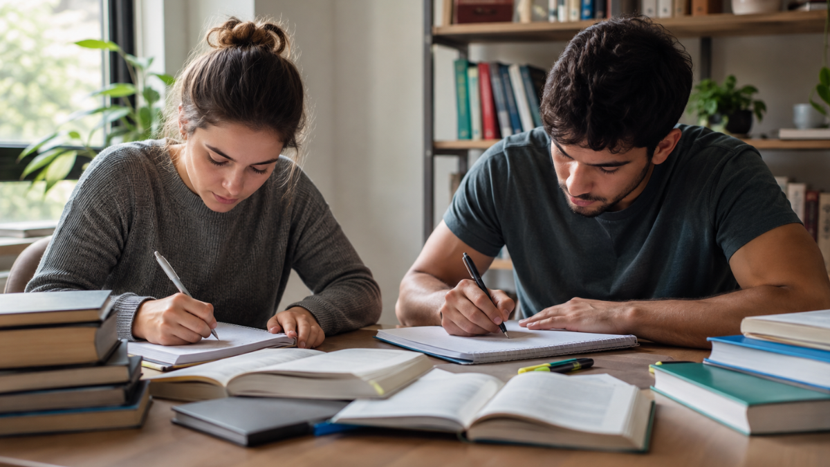 Duas pessoas estudam com cadernos e livros para concursos públicos com inscrições abertas.