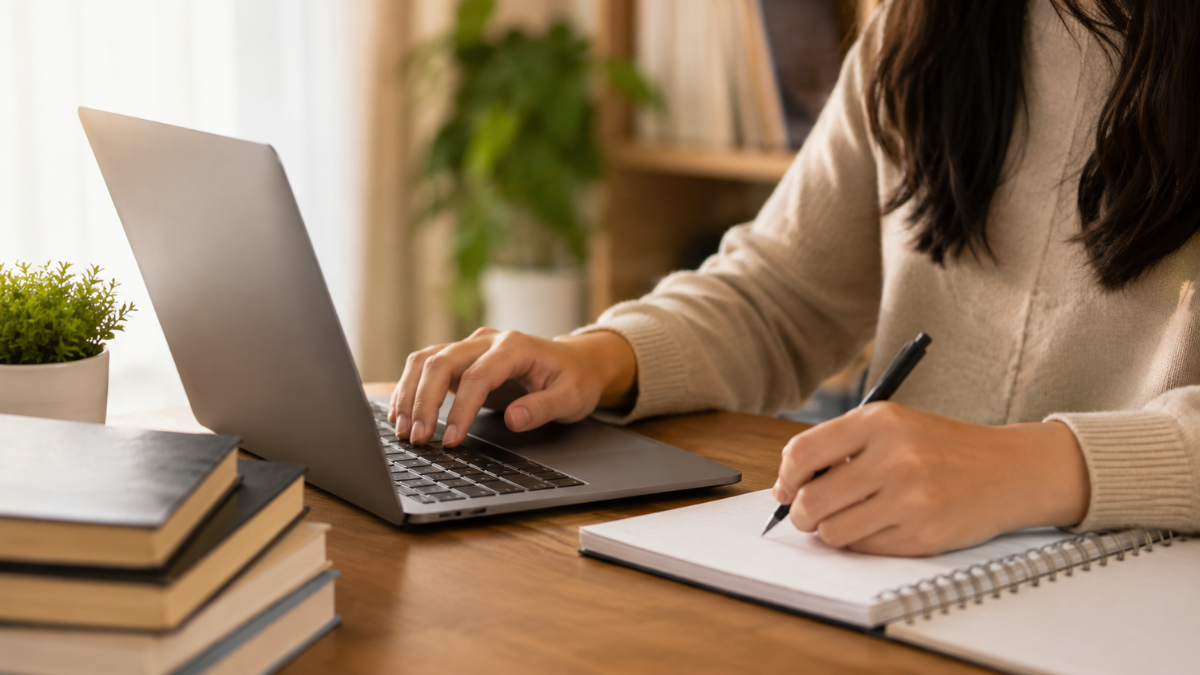 Pessoa estuda com notebook, livros e caderno para concursos públicos com mais de 2.100 vagas em SP, MG e RS.