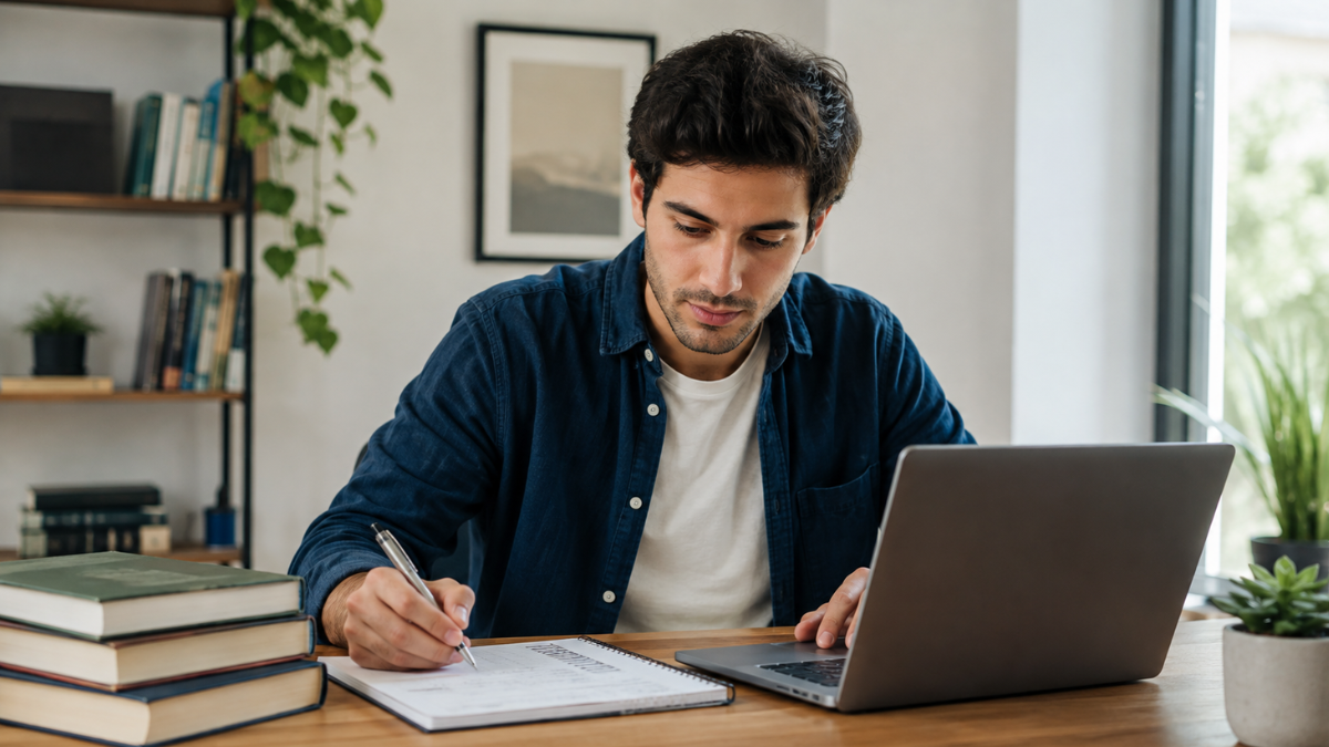Candidato estuda em frente ao notebook para concursos com inscrições abertas.