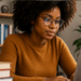 Mulher negra com cabelo afro e óculos estudando para concursos públicos usando notebook e livros em ambiente de estudo.