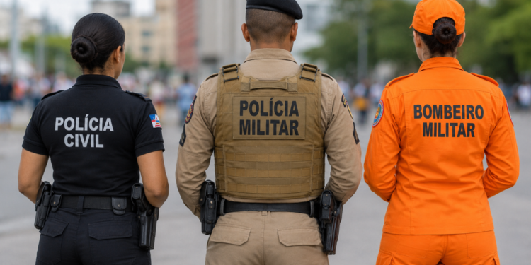 Três profissionais da segurança pública da Bahia representam concursos para Polícia Civil, Polícia Militar e Corpo de Bombeiros Militar.