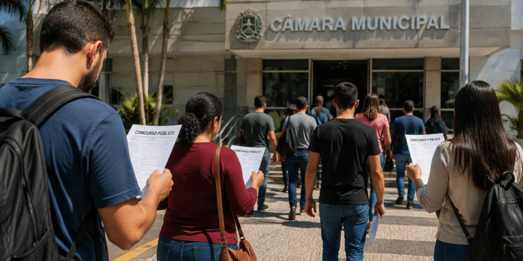 Candidatos consultam informações de concurso público em frente à Câmara Municipal durante período de inscrições.