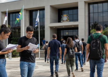 Candidatos caminham em direção a uma Câmara Municipal com mochilas, documentos e materiais de estudo para concurso público.