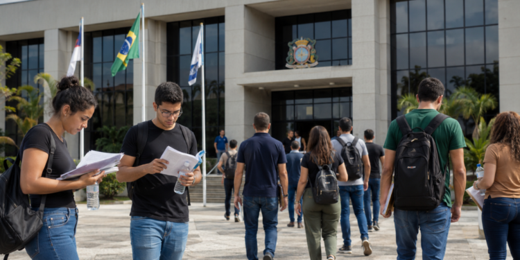 Candidatos caminham em direção a uma Câmara Municipal com mochilas, documentos e materiais de estudo para concurso público.