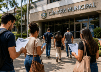 Candidatos caminham em direção a uma Câmara Municipal com documentos de concurso público.