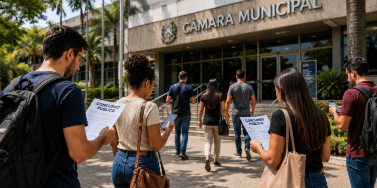 Candidatos caminham em direção a uma Câmara Municipal com documentos de concurso público.
