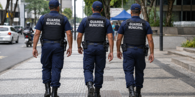 Três guardas municipais fardados caminham durante patrulhamento em área urbana.