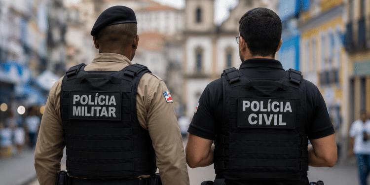 Policiais militar e civil da Bahia vistos de costas em uma área urbana.