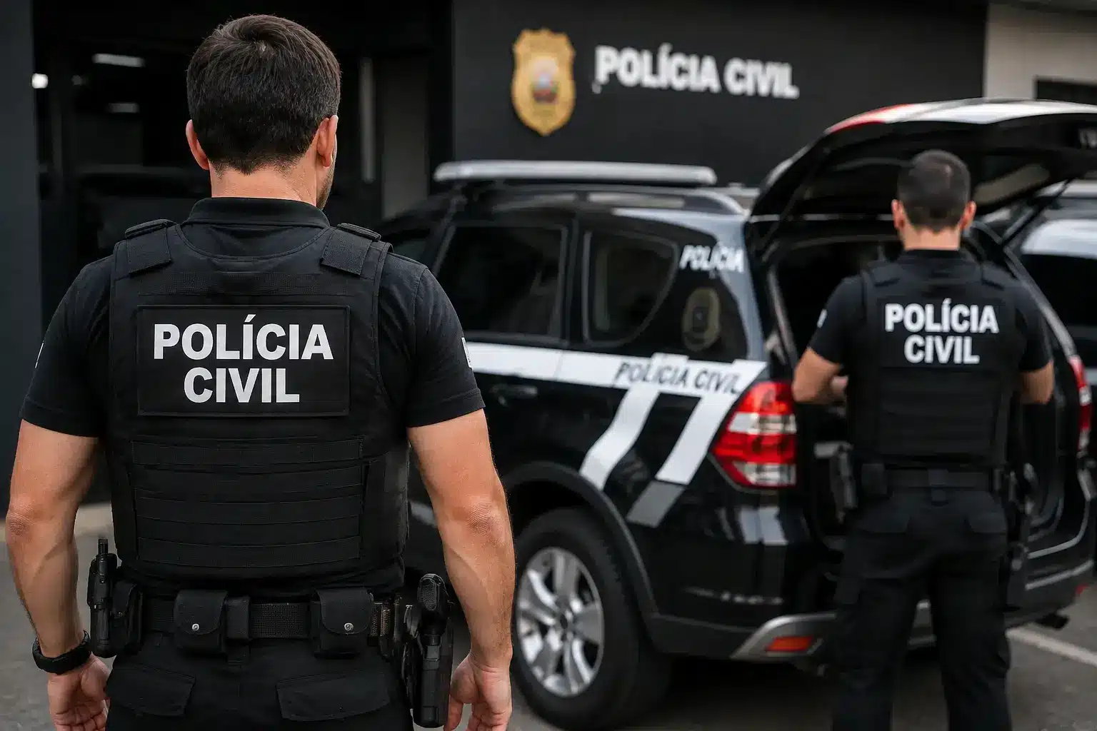 Concursos Polícia Civil 2026: acompanhe vagas abertas e novos editais Policiais civis uniformizados próximos a viatura oficial durante atividade da corporação.