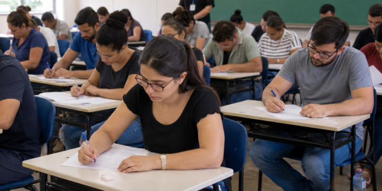 Pessoas realizando prova de concurso público em sala de aula com candidatos concentrados durante avaliação.