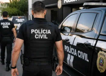 Policiais civis uniformizados ao lado de viatura oficial da Polícia Civil durante ação operacional.