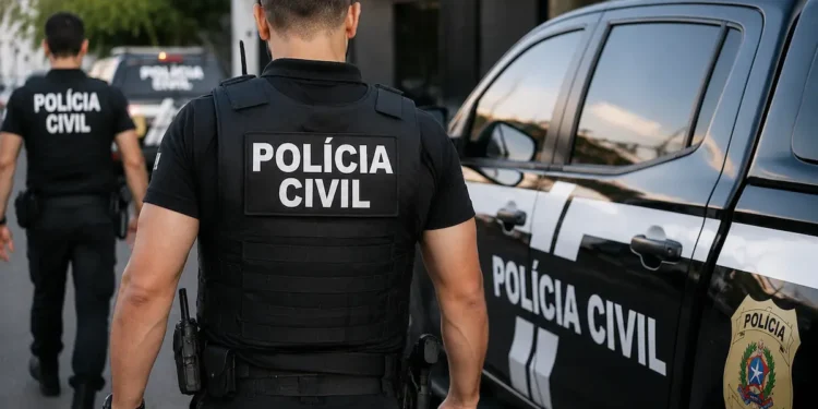 Policiais civis uniformizados ao lado de viatura oficial da Polícia Civil durante ação operacional.