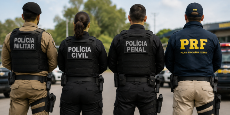 Quatro policiais fardados representam diferentes carreiras da segurança pública em concursos policiais.