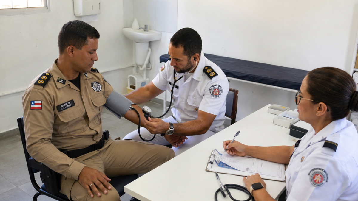 Oficial médico da Polícia Militar da Bahia realiza atendimento de saúde em policial durante avaliação clínica.