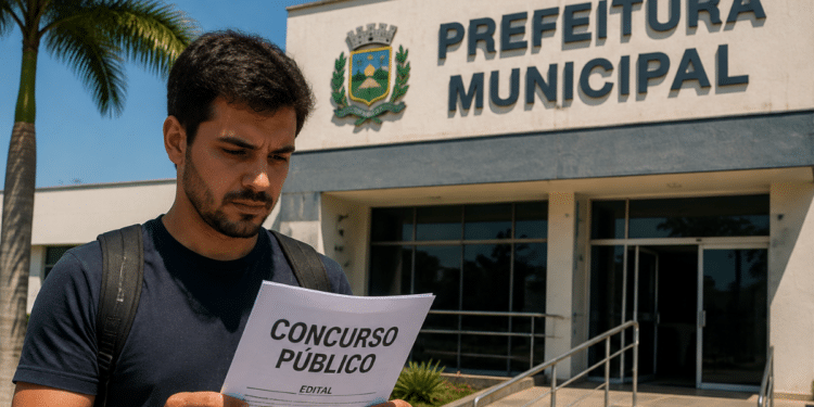 Pessoa lendo edital de concurso público em frente a prefeitura municipal.