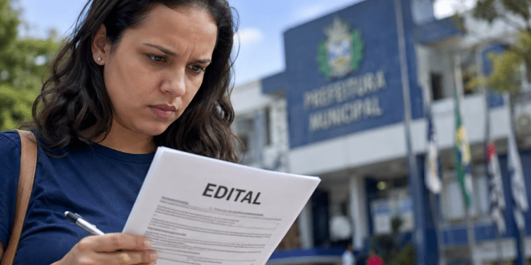 Mulher consulta edital de concurso público em frente a uma prefeitura.