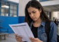 Candidata consulta edital de concurso público em escola, representando as vagas abertas nas prefeituras de São Paulo.