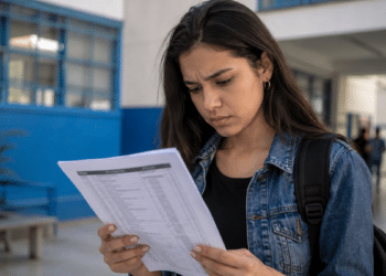Candidata consulta edital de concurso público em escola, representando as vagas abertas nas prefeituras de São Paulo.