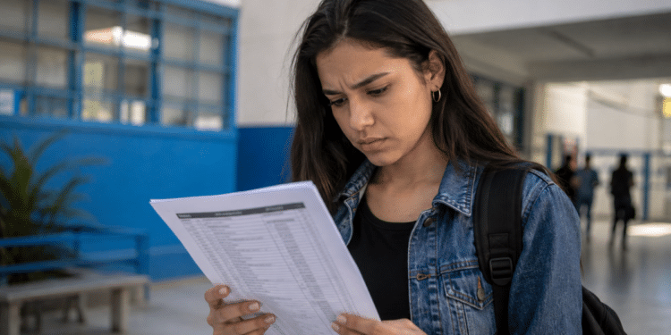 Candidata consulta edital de concurso público em escola, representando as vagas abertas nas prefeituras de São Paulo.