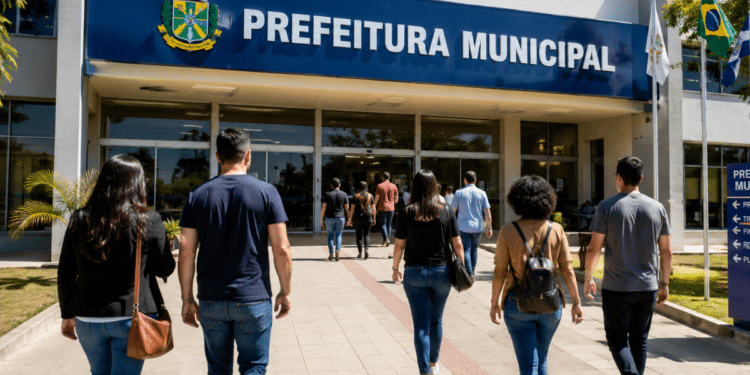 Pessoas caminham em direção à prefeitura, representando concursos públicos com inscrições abertas na Bahia, Maranhão e Paraná.