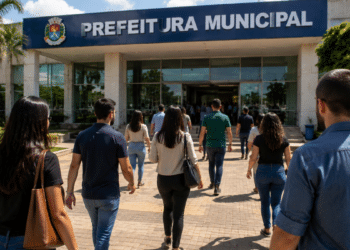 Candidatos se dirigem a uma prefeitura municipal em busca de informações sobre concursos públicos.