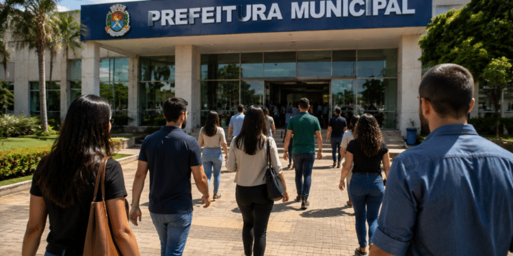 Candidatos se dirigem a uma prefeitura municipal em busca de informações sobre concursos públicos.