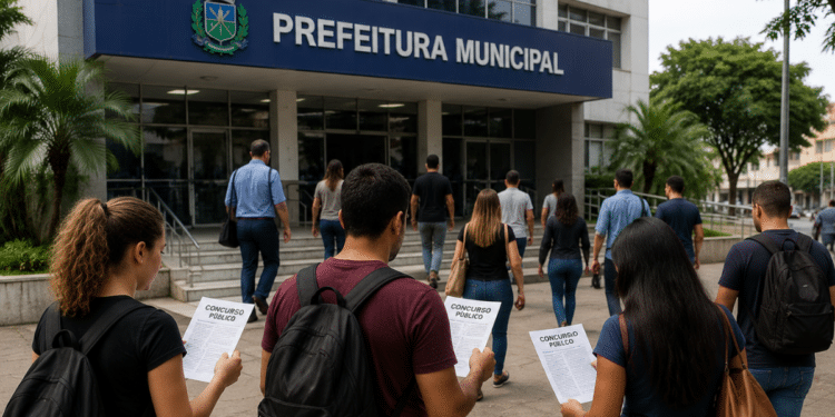Pessoas caminhando em direção à prefeitura municipal com documentos de concurso público em mãos.