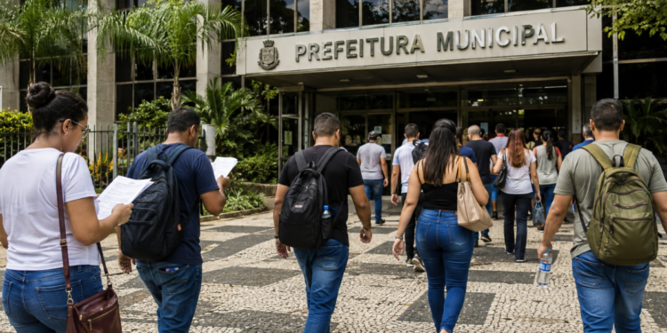 Candidatos caminham em direção a uma prefeitura durante seleção para concurso público.